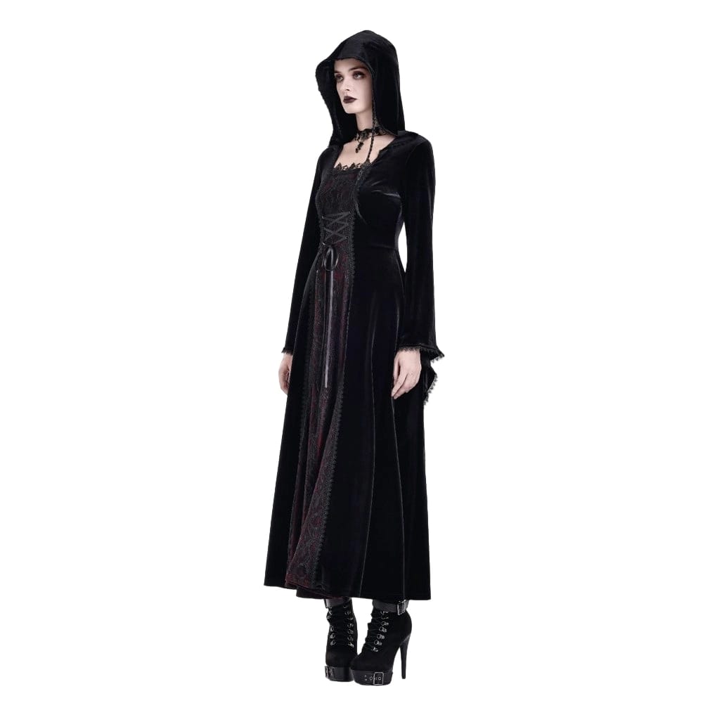 Darkinlove Women's Gothic Lace-up Colorblock Hooded Maxi Dress