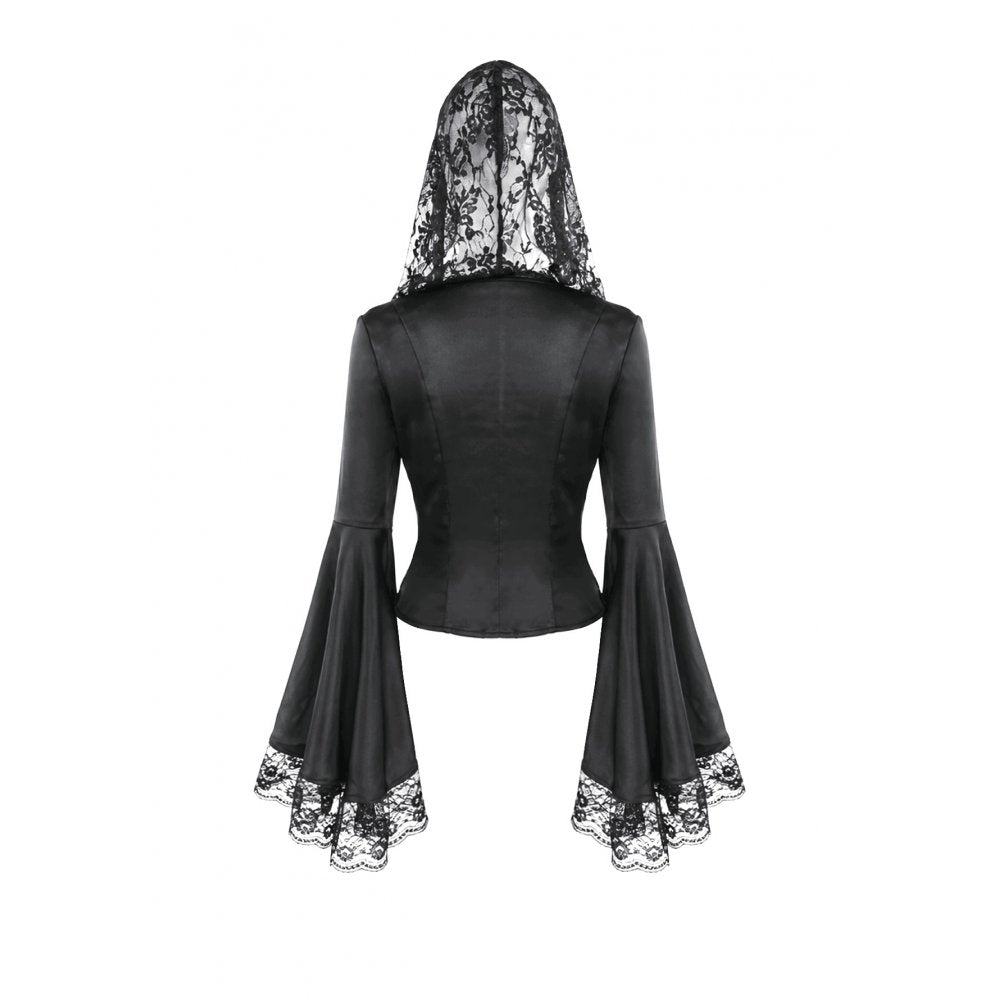 Darkinlove Women's Gothic Lace-up Plunging V-neck Lace Hood Flare Sleeve Blouse