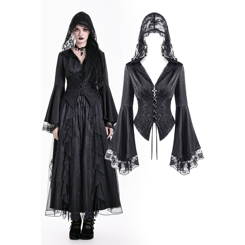 Darkinlove Women's Gothic Lace-up Plunging V-neck Lace Hood Flare Sleeve Blouse