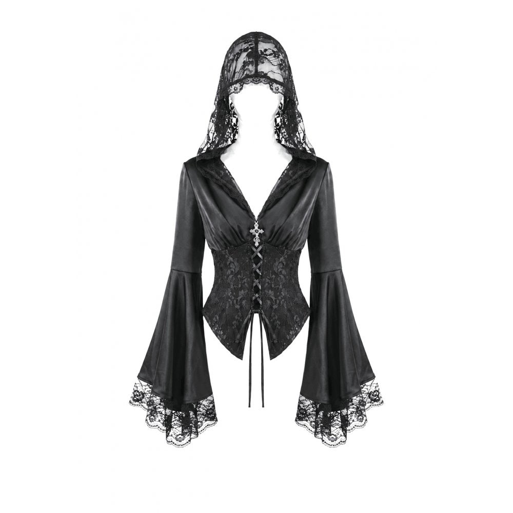 Darkinlove Women's Gothic Lace-up Plunging V-neck Lace Hood Flare Sleeve Blouse