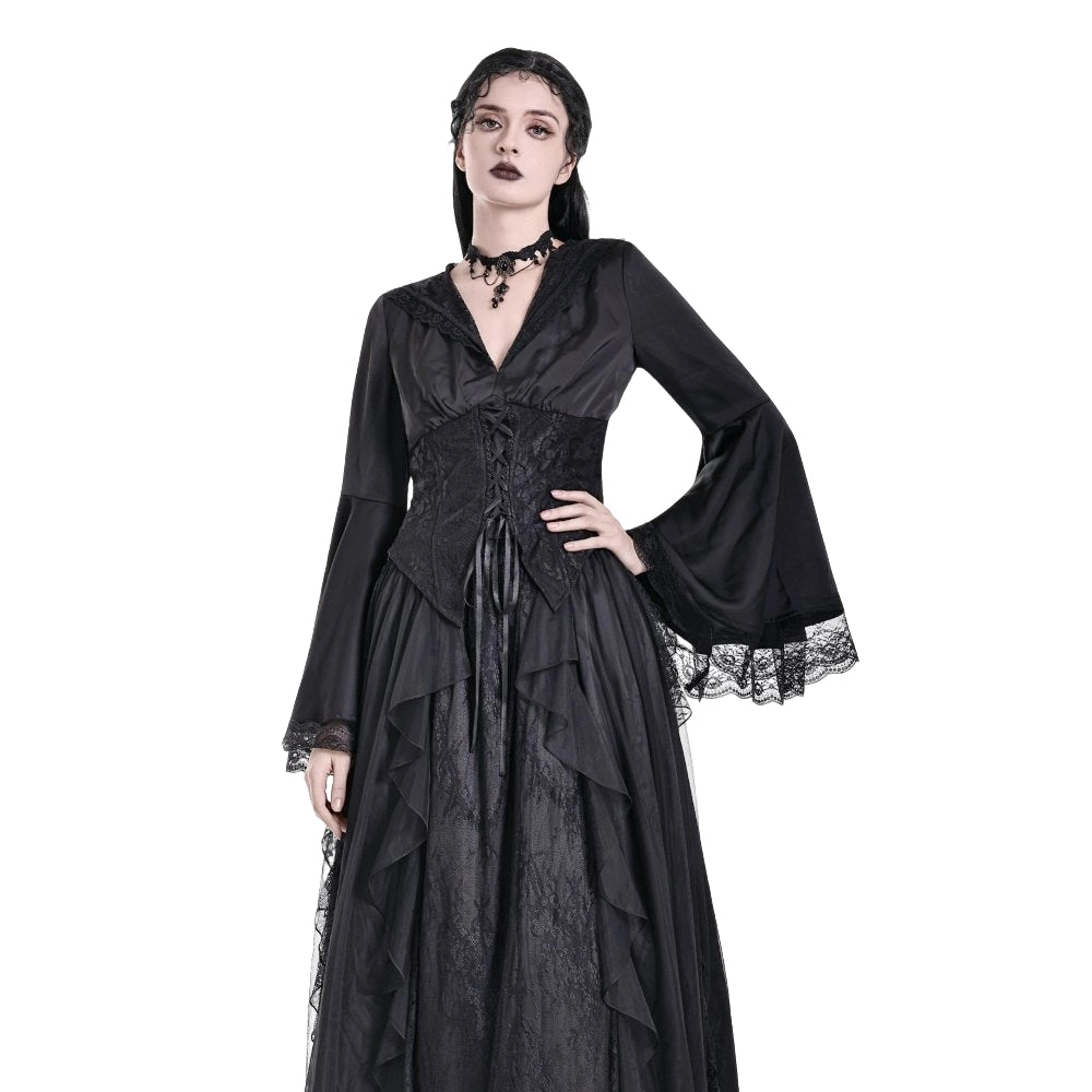 Darkinlove Women's Gothic Lace-up Plunging V-neck Lace Hood Flare Sleeve Blouse