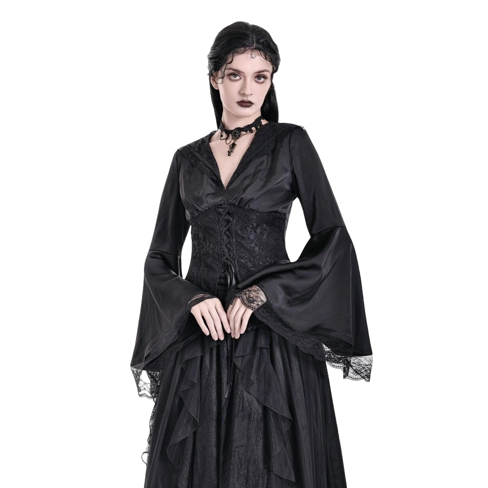 Darkinlove Women's Gothic Lace-up Plunging V-neck Lace Hood Flare Sleeve Blouse