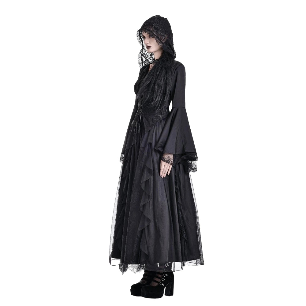 Darkinlove Women's Gothic Lace-up Plunging V-neck Lace Hood Flare Sleeve Blouse