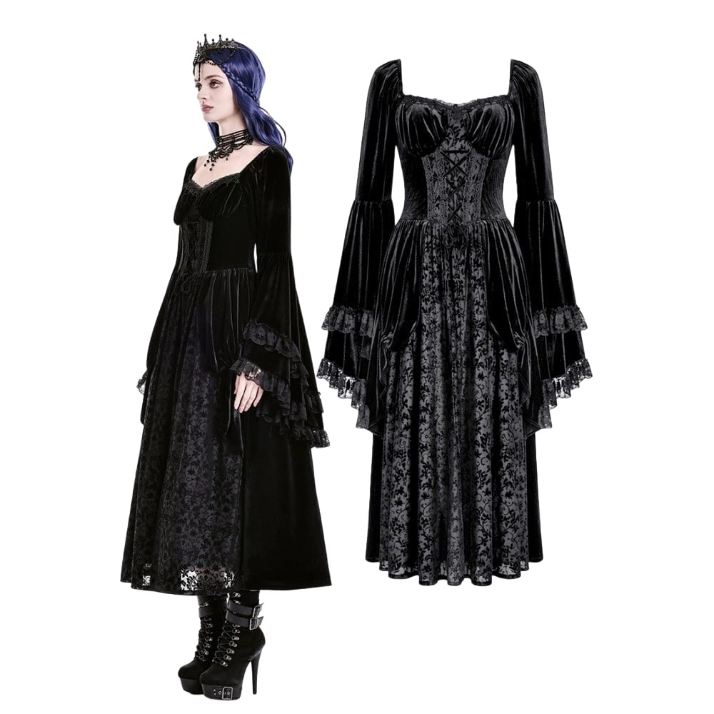 Darkinlove Women's Gothic Lace-up Ruffle Flare Sleeve Maxi Dress Black