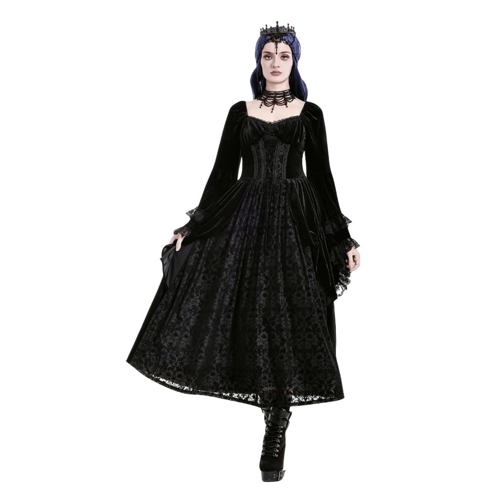 Darkinlove Women's Gothic Lace-up Ruffle Flare Sleeve Maxi Dress Black