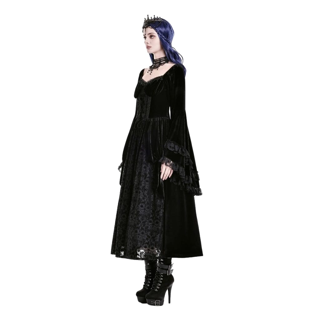 Darkinlove Women's Gothic Lace-up Ruffle Flare Sleeve Maxi Dress Black