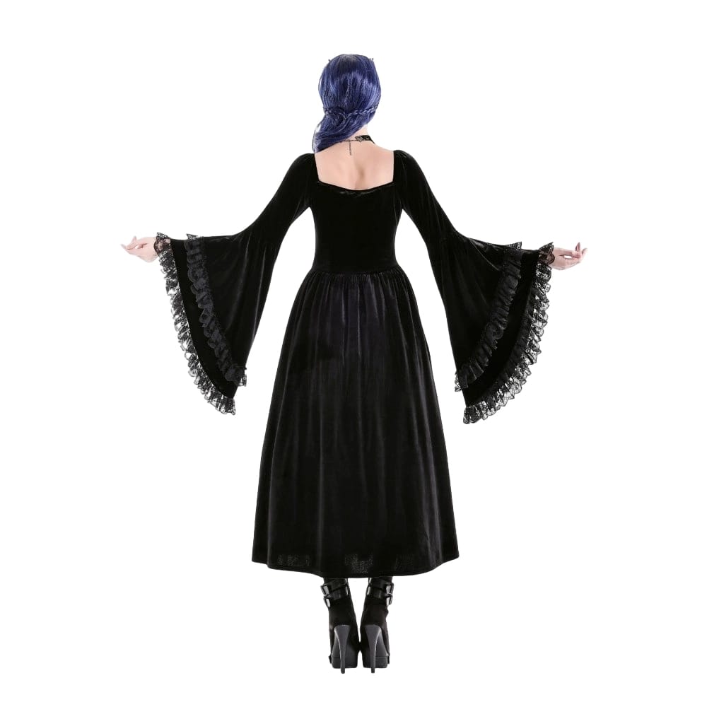 Darkinlove Women's Gothic Lace-up Ruffle Flare Sleeve Maxi Dress Black