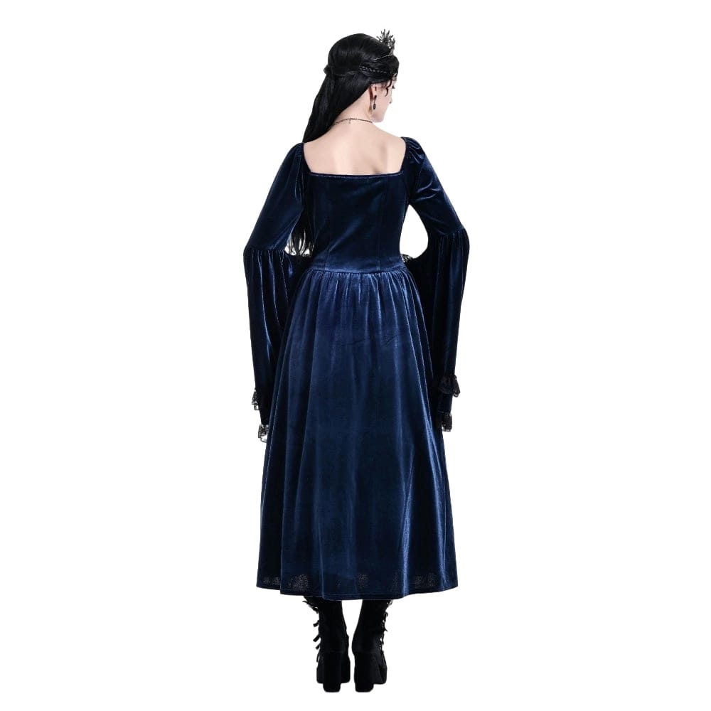 Darkinlove Women's Gothic Lace-up Ruffle Flare Sleeve Maxi Dress Blue