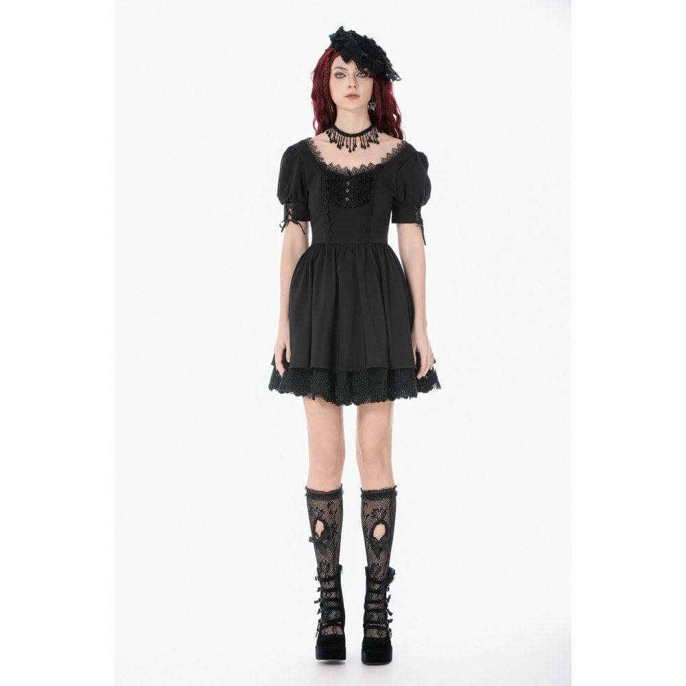 Darkinlove Women's Gothic Lace-up Square-cut Collar Puff Short Sleeved Dress