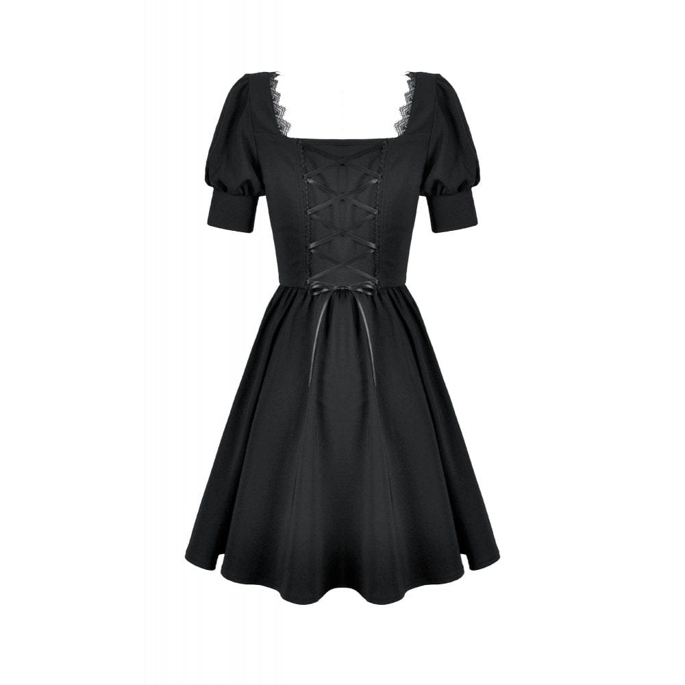Darkinlove Women's Gothic Lace-up Square-cut Collar Puff Short Sleeved Dress