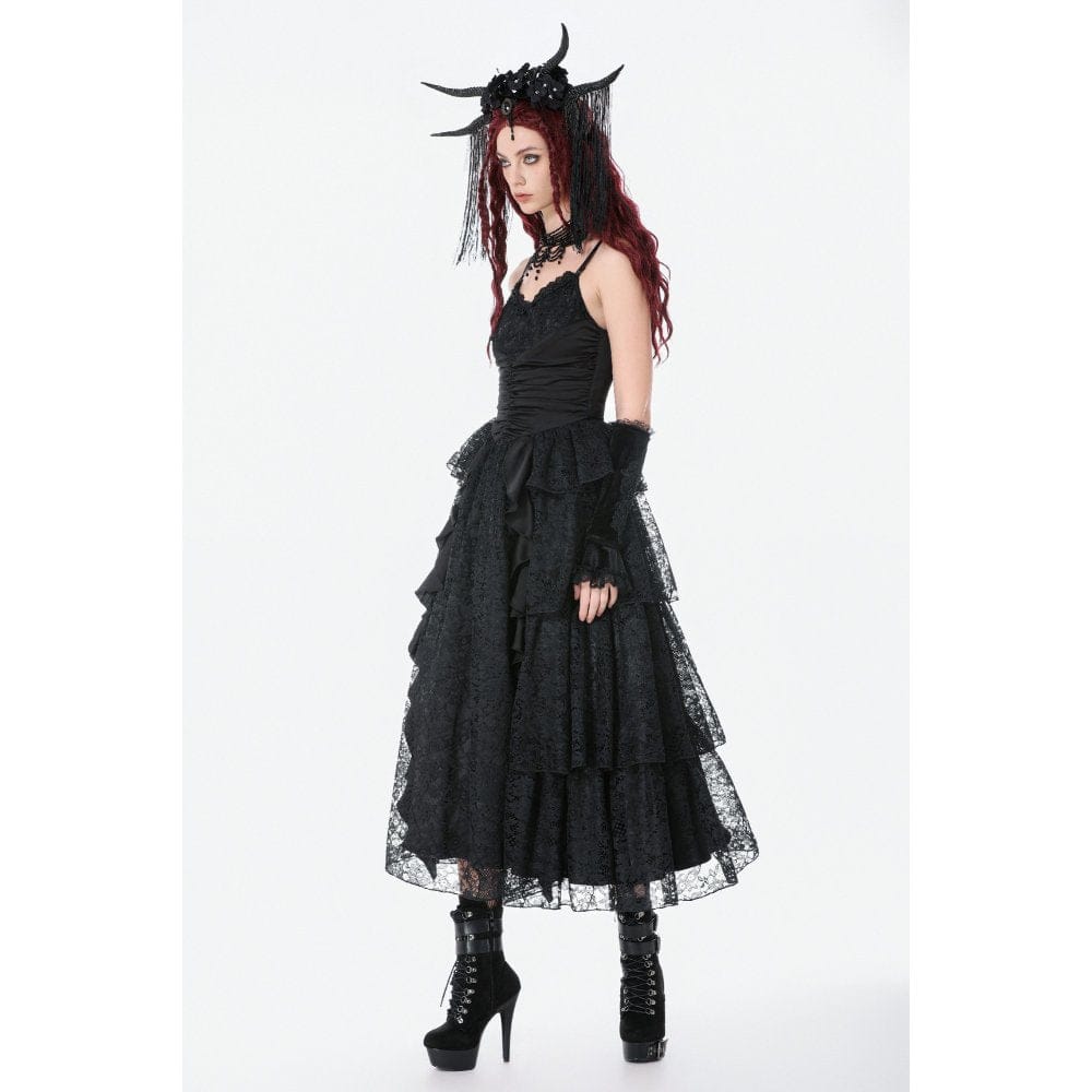 Darkinlove Women's Gothic Layered Lace Ruched Maxi Dress