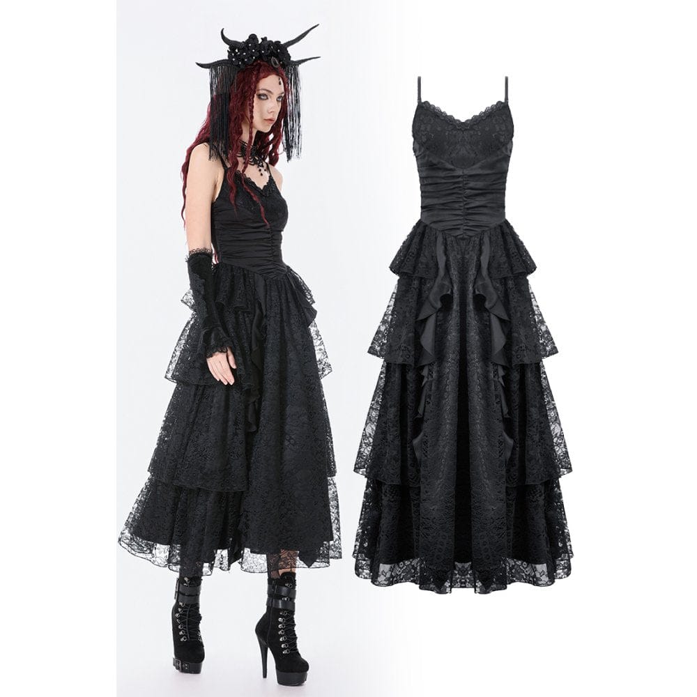Darkinlove Women's Gothic Layered Lace Ruched Maxi Dress