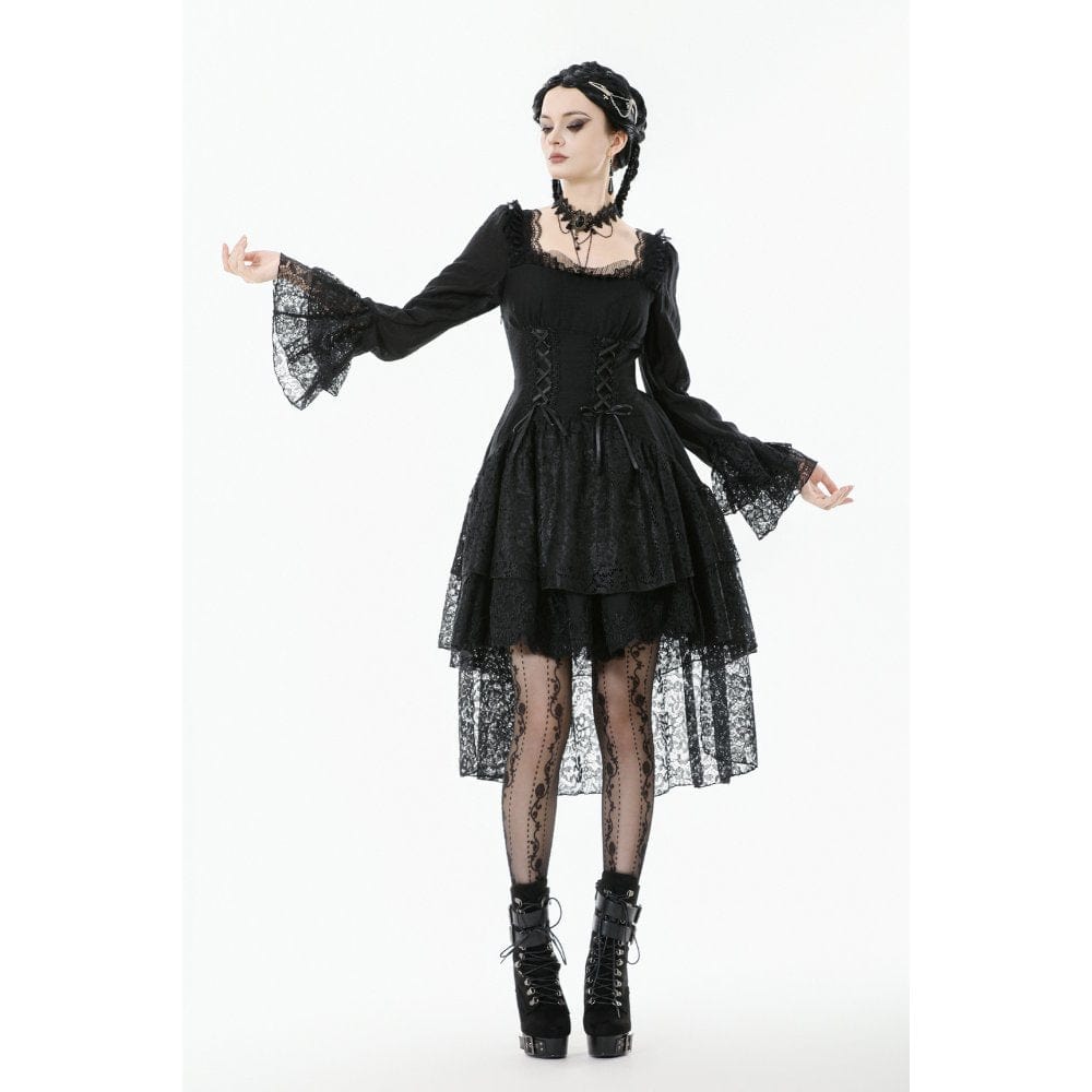 Darkinlove Women's Gothic Layered Lace-up Square-cut Collar Dress