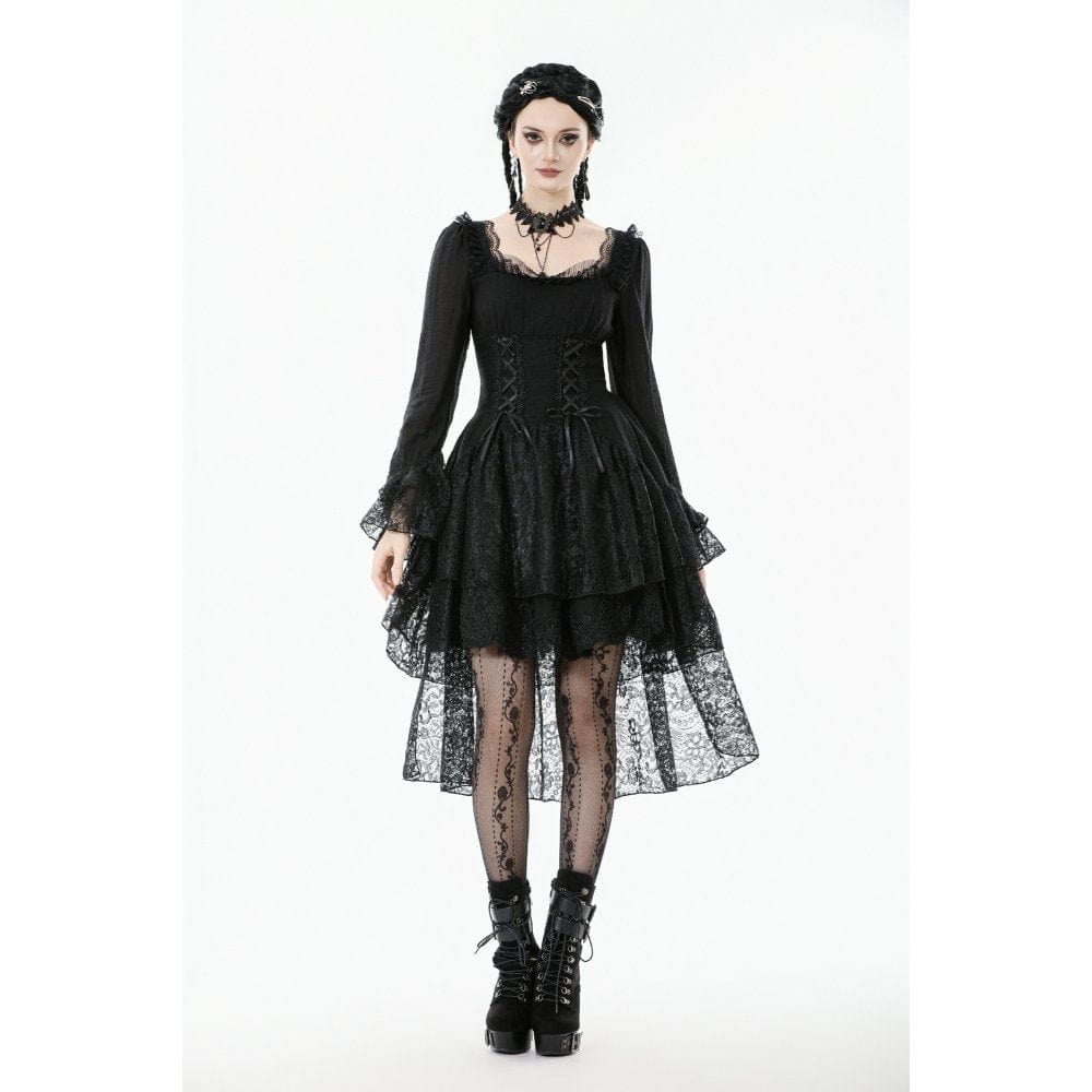 Darkinlove Women's Gothic Layered Lace-up Square-cut Collar Dress