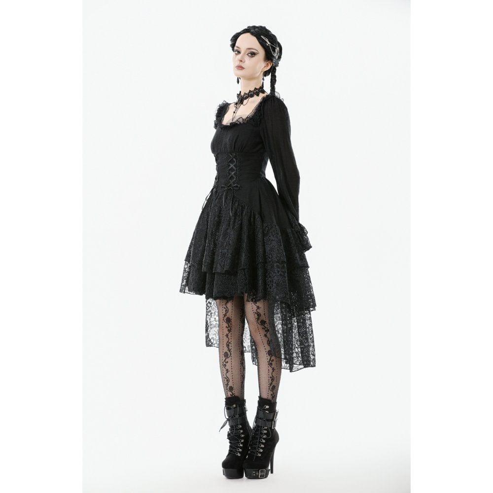 Darkinlove Women's Gothic Layered Lace-up Square-cut Collar Dress