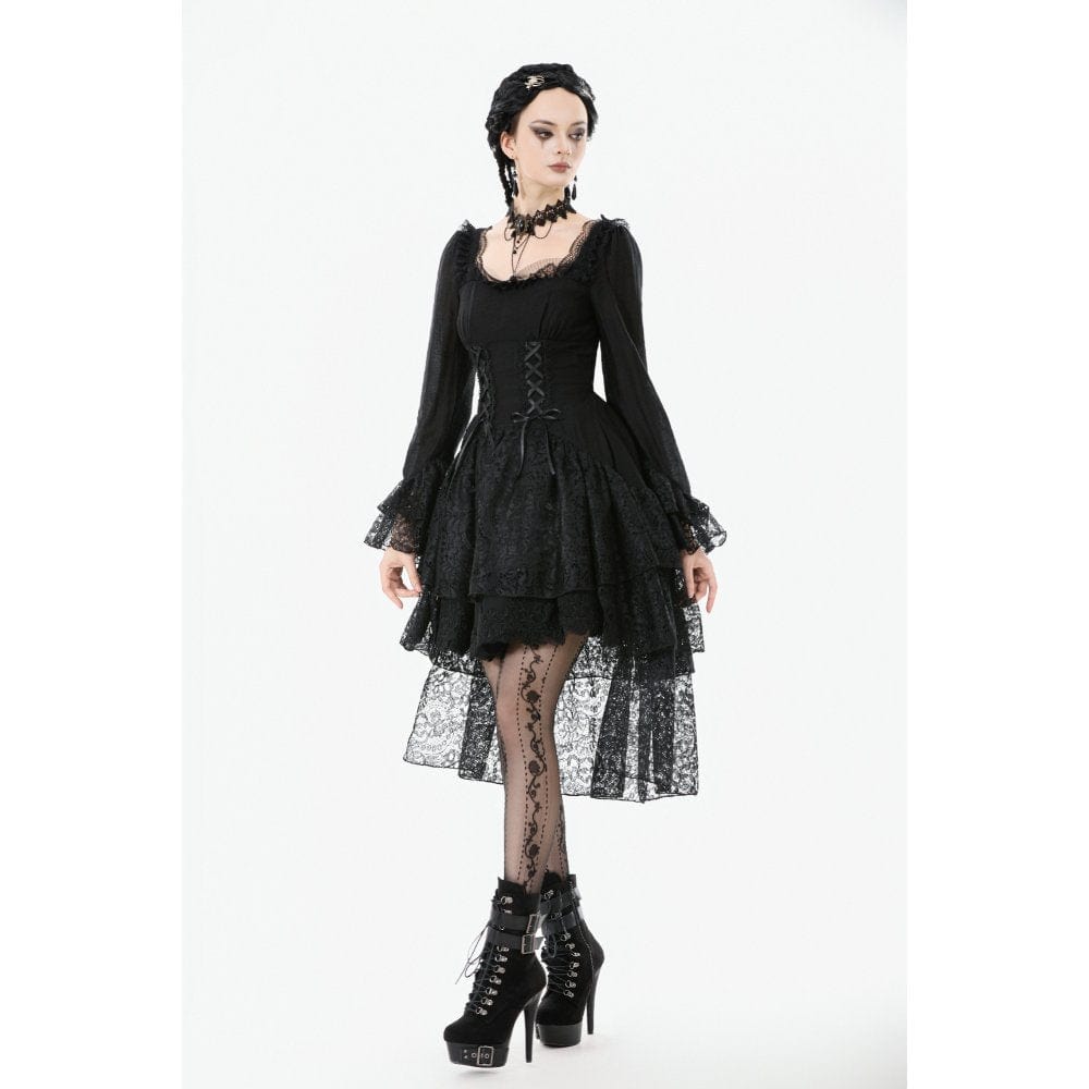 Darkinlove Women's Gothic Layered Lace-up Square-cut Collar Dress