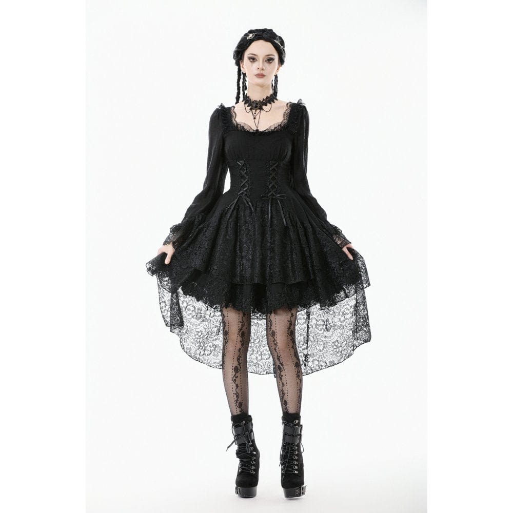 Darkinlove Women's Gothic Layered Lace-up Square-cut Collar Dress