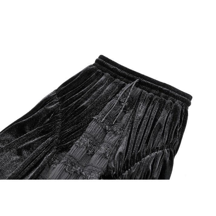 Darkinlove Women's Gothic Layered Pleated Mesh Splice Velvet A-Line Maxi Skirt