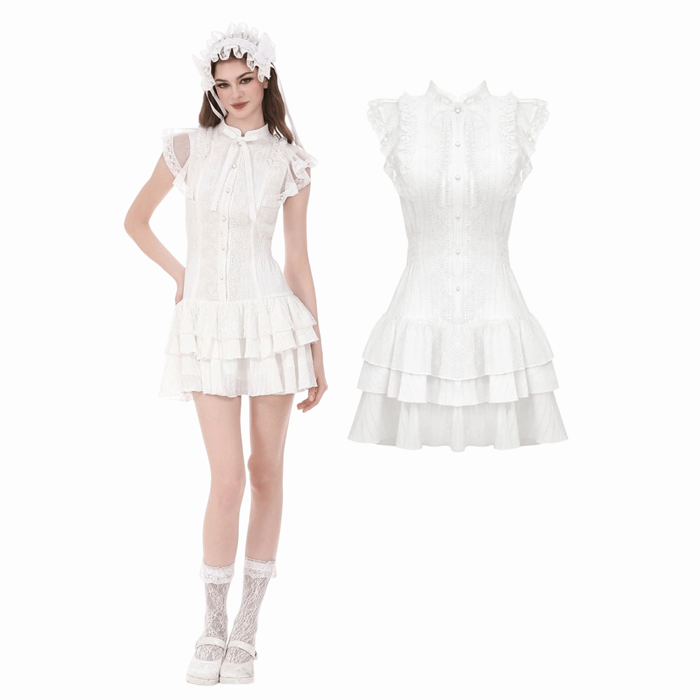 Darkinlove Women's Gothic Layered Ruffled Lace Splice White Dress