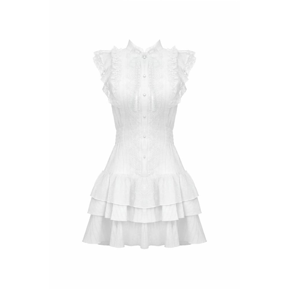 Darkinlove Women's Gothic Layered Ruffled Lace Splice White Dress