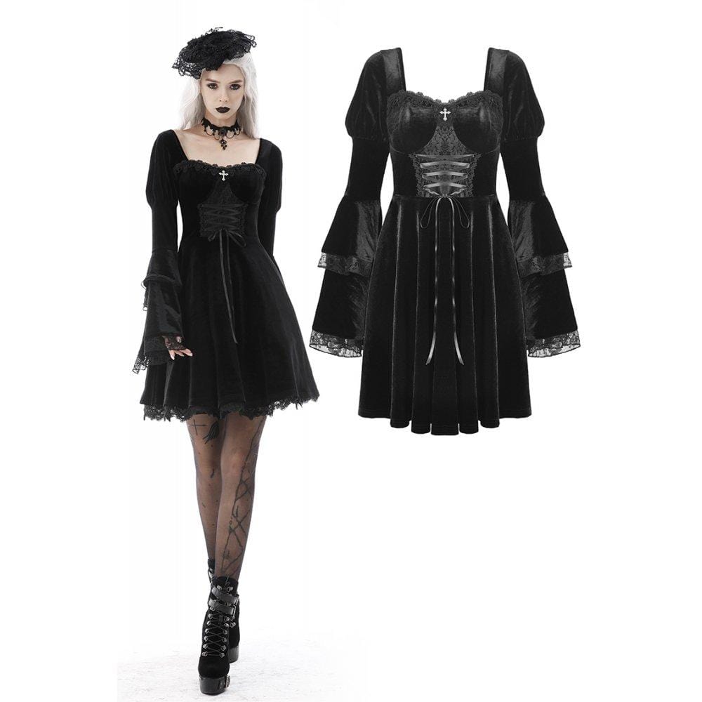 Darkinlove Women's Gothic Layered Sleeved Lace Splice Wedding Dress