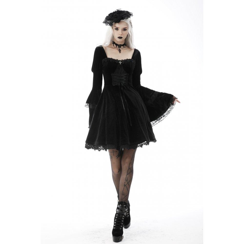 Darkinlove Women's Gothic Layered Sleeved Lace Splice Wedding Dress