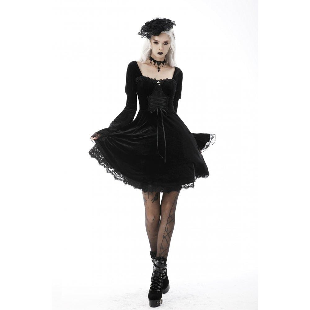 Darkinlove Women's Gothic Layered Sleeved Lace Splice Wedding Dress