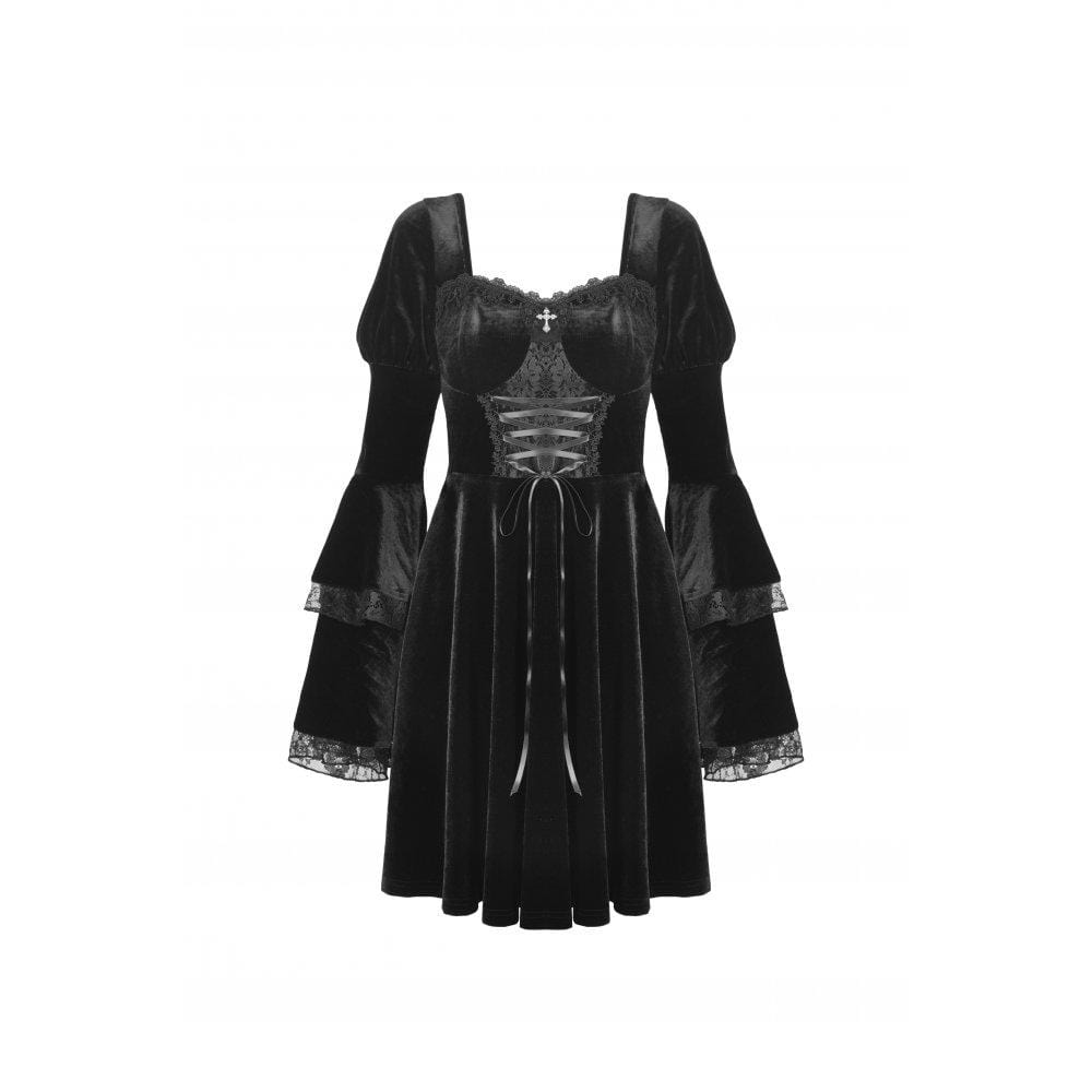 Darkinlove Women's Gothic Layered Sleeved Lace Splice Wedding Dress