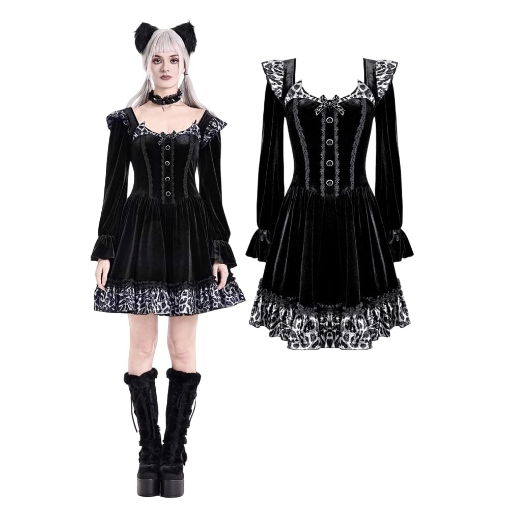 Darkinlove Women's Gothic Leopard Print Ruffle Trim Bishop Sleeve Velvet Short Dressss