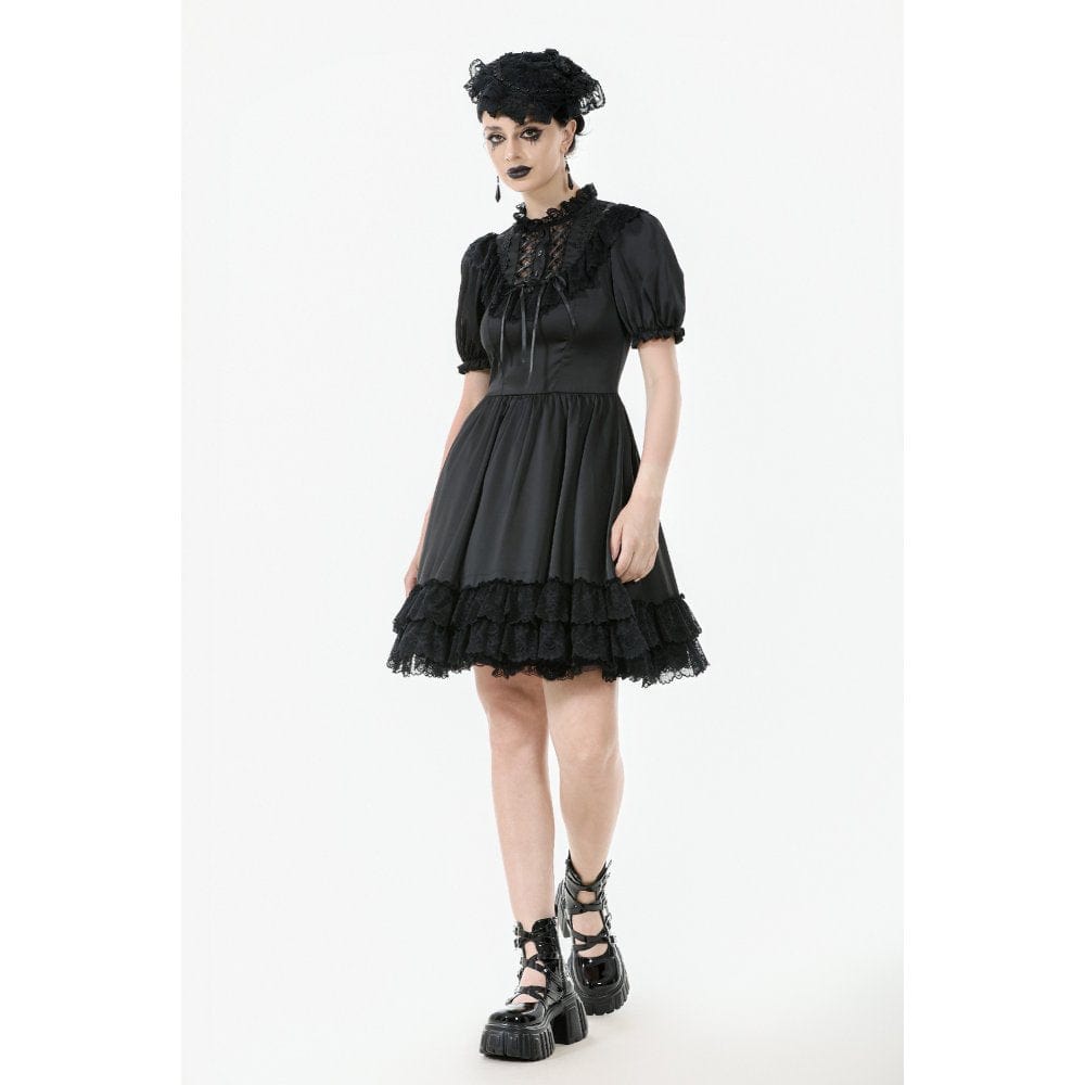 Darkinlove Women's Gothic Lolita Lacing-up Puff Sleeved Lace Dress