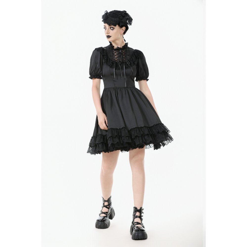 Darkinlove Women's Gothic Lolita Lacing-up Puff Sleeved Lace Dress