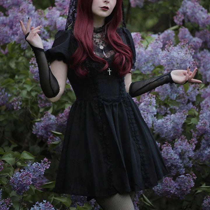Darkinlove Women's Gothic Lolita Puff Sleeved Lace Doll Dress