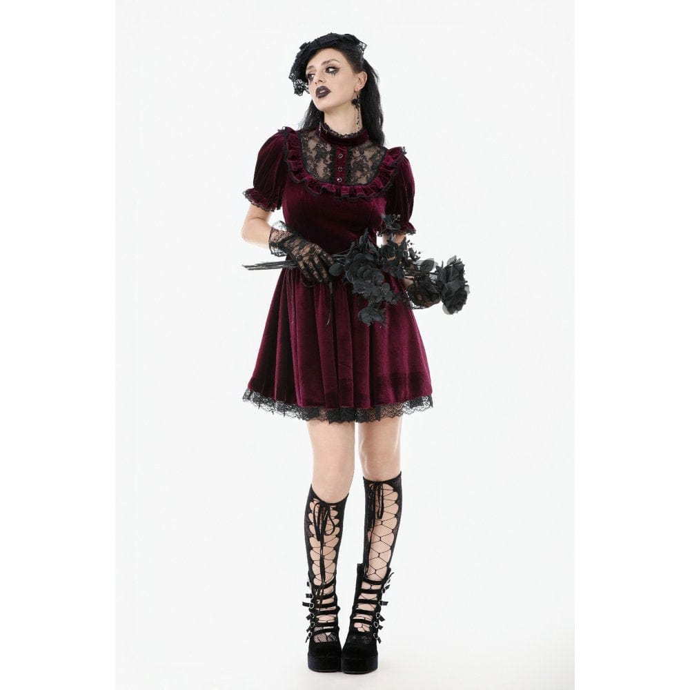 Darkinlove Women's Gothic Lolita Puff Sleeved Lace Velvet Dress