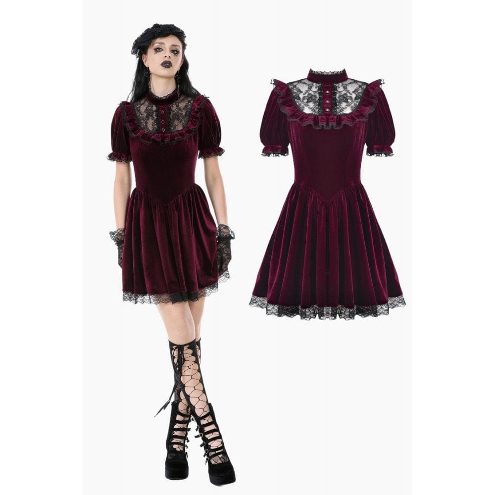 Darkinlove Women's Gothic Lolita Puff Sleeved Lace Velvet Dress