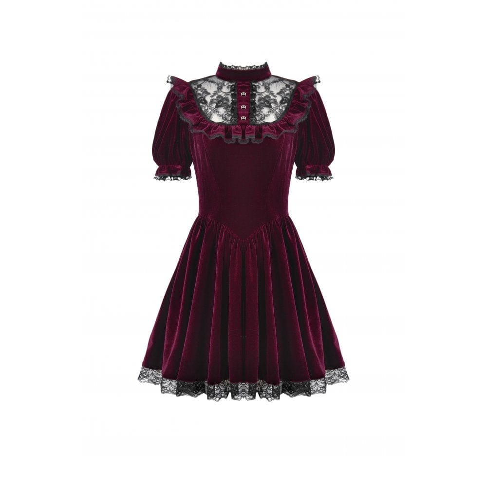 Darkinlove Women's Gothic Lolita Puff Sleeved Lace Velvet Dress
