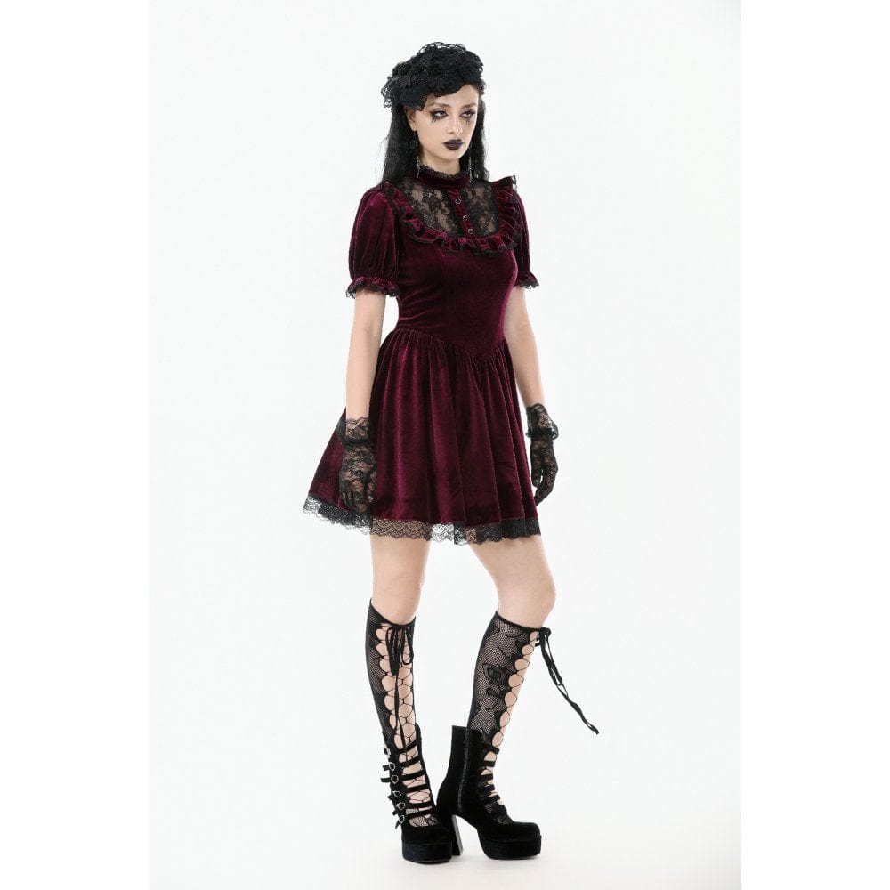 Darkinlove Women's Gothic Lolita Puff Sleeved Lace Velvet Dress