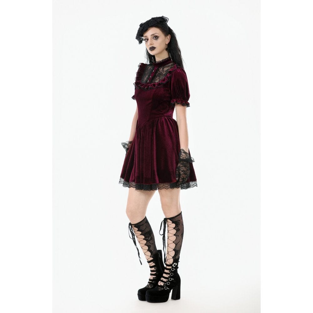 Darkinlove Women's Gothic Lolita Puff Sleeved Lace Velvet Dress