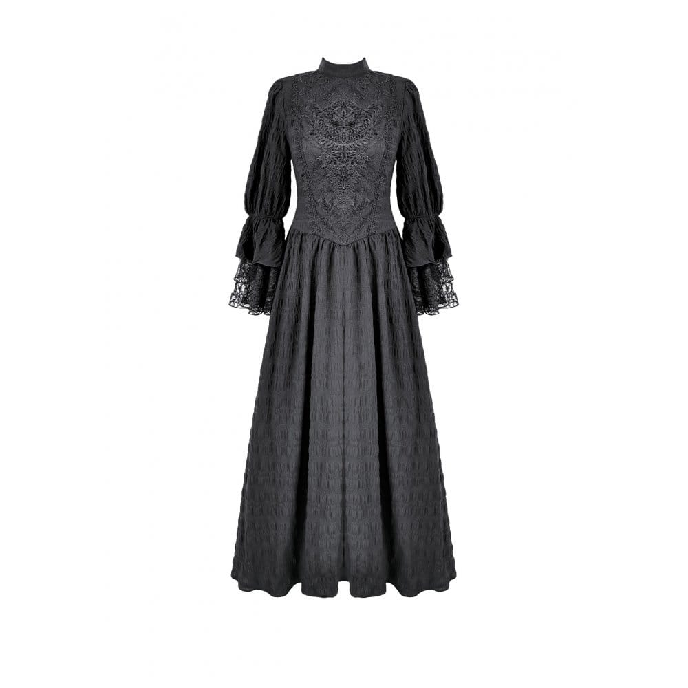 Darkinlove Women's Gothic Mock Neck Guipure Lace Bell Sleeve Maxi Dress