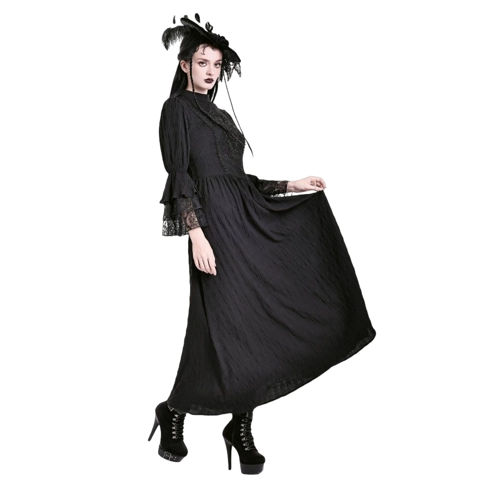 Darkinlove Women's Gothic Mock Neck Guipure Lace Bell Sleeve Maxi Dress