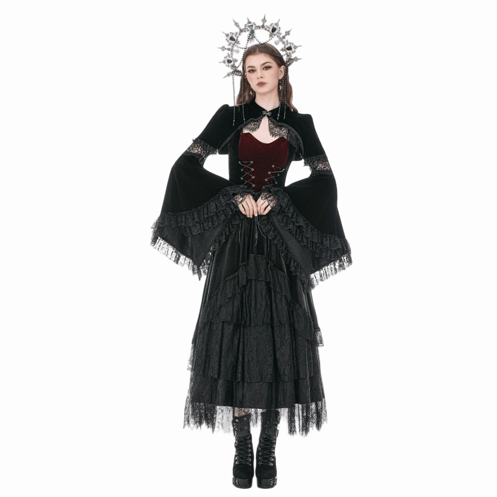 Darkinlove Women's Gothic Multilayer Lace Splice Ruffled Velvet Skirt