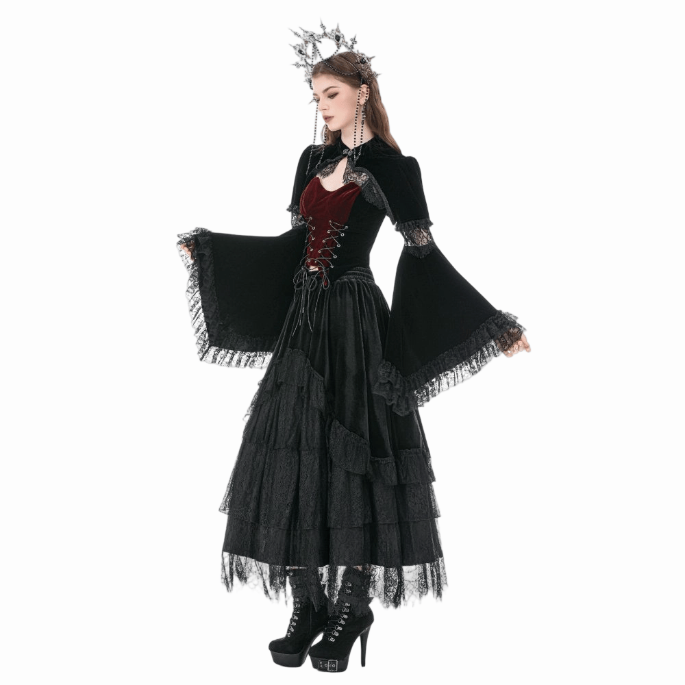 Darkinlove Women's Gothic Multilayer Lace Splice Ruffled Velvet Skirt