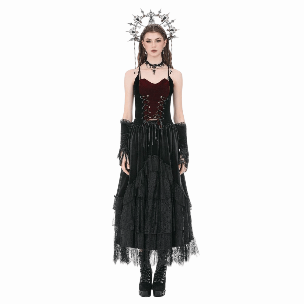 Darkinlove Women's Gothic Multilayer Lace Splice Ruffled Velvet Skirt
