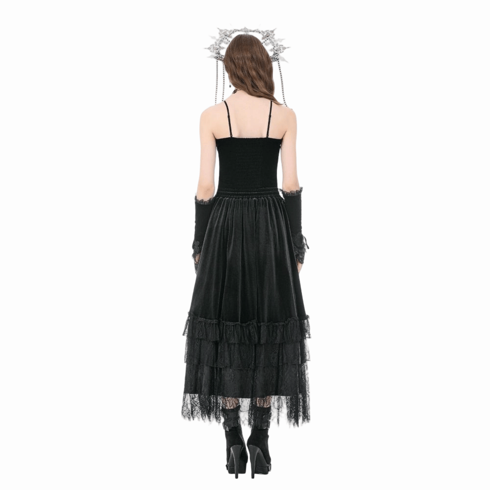 Darkinlove Women's Gothic Multilayer Lace Splice Ruffled Velvet Skirt