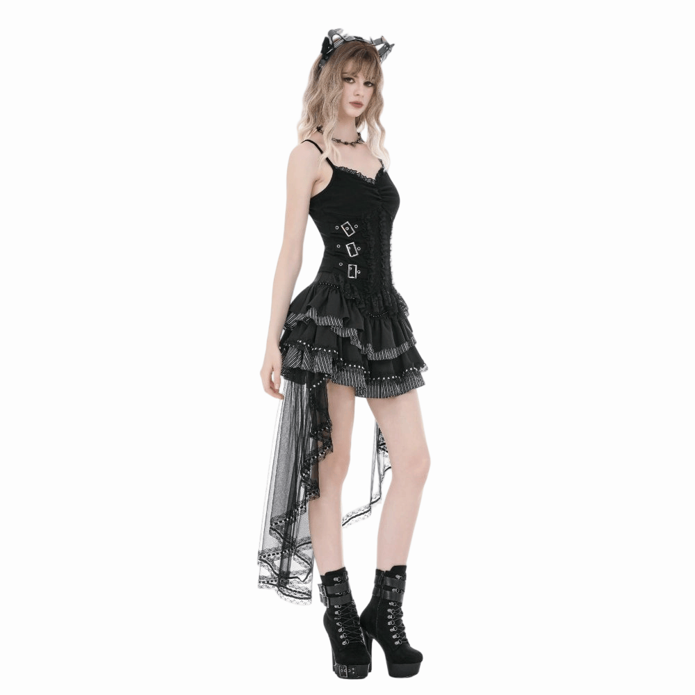Darkinlove Women's Gothic Multilayer Ruched Skirt with Mesh Tail