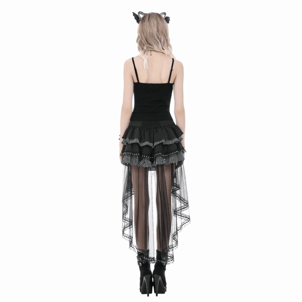 Darkinlove Women's Gothic Multilayer Ruched Skirt with Mesh Tail