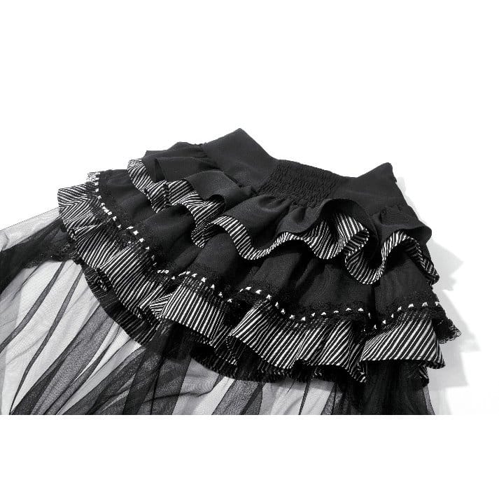Darkinlove Women's Gothic Multilayer Ruched Skirt with Mesh Tail
