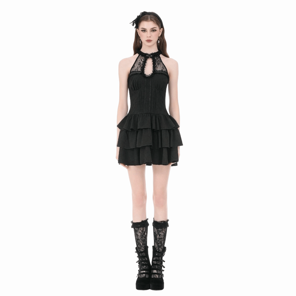 Darkinlove Women's Gothic Multilayer Ruffled Cutout Halter Dress