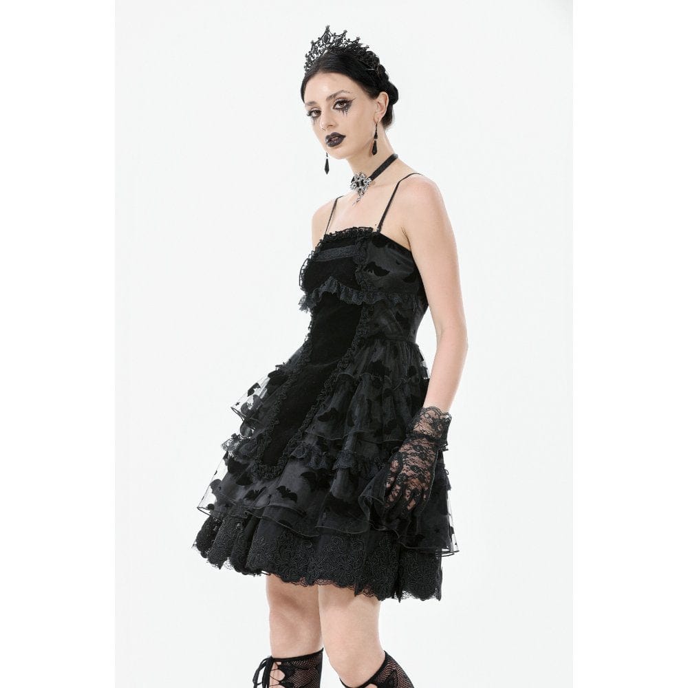 Darkinlove Women's Gothic Multilayer Ruffles Lace Velet Slip Dress