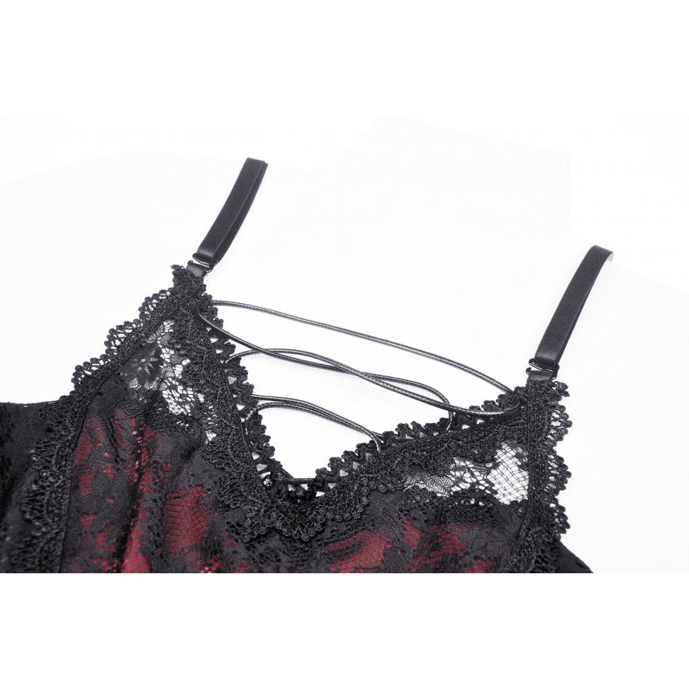 Darkinlove Women's Gothic Off Shoulder Dark Red Floral Lace Slip Dress