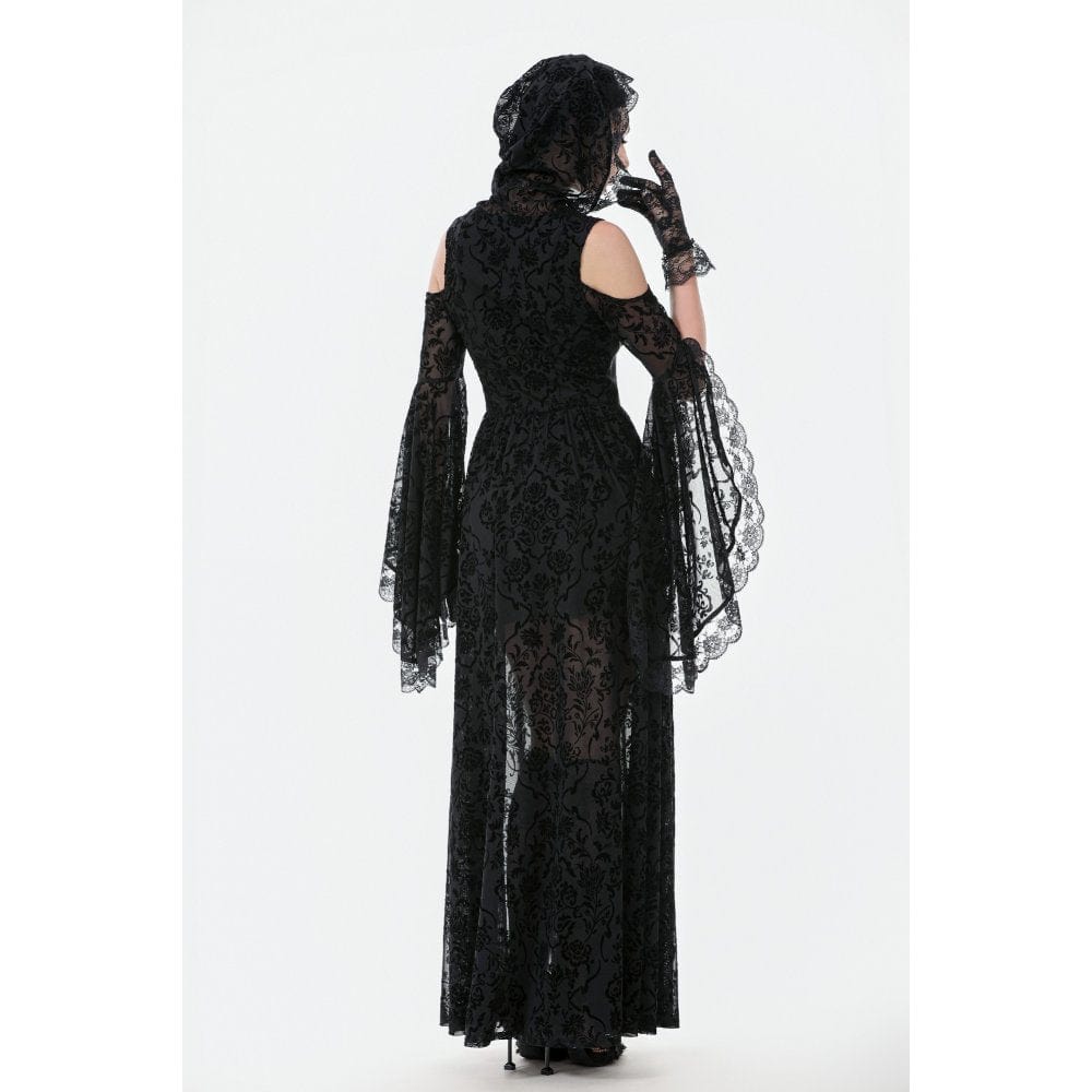 Darkinlove Women's Gothic Off-shoulder Flare Sleeved Hooded Maxi Dress Black